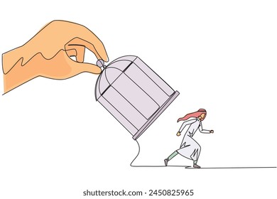 Durchgehende eine Linie, die große Hand mit eisernem Käfig zeichnet, fangen arabischen Geschäftsmann. Ich will in irgendeiner Weise eine Falle stellen. Betritt die Falle. Unlauterer Wettbewerb. Verloren. Vektorillustration des Zeichnens einer einzelnen Linie