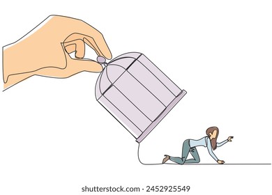 Continuous one line drawing big hand holds the cage want to catch crawling businesswoman. Losing streak. Lost on all fronts. Helpless businessman. Bankrupt. Single line draw design vector illustration