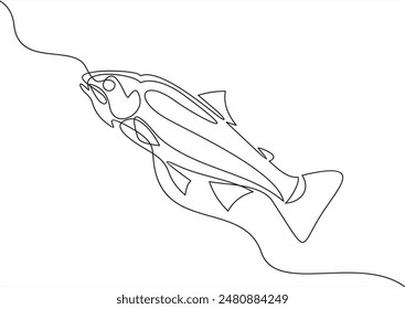 Continuous one line drawing of big salmon or trout for logo identity. Large lake fish mascot concept for fishing tournament vector illustration