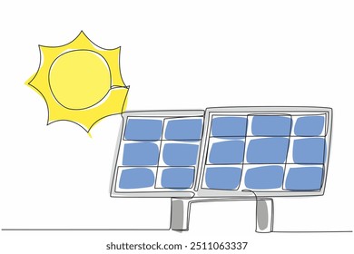 Continuous one line drawing big solar panels and sun. Transferring solar heat energy to solar panels. Alternative electrical energy. Solar Appreciation Day. Single line draw design vector illustration