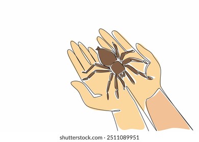 Dibujo continuo de una línea de araña grande en dos palmas. Lleve con cuidado. Un animal muy peligroso. Tiene una picadura dolorosa. Venenoso. Guardar Nacional: un Día de la Araña. Ilustración vectorial de diseño de dibujo de línea única