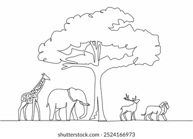 Eine durchgehende Linie, die einen großen Baum in der Mitte von Giraffe, Elefant, Hirsch, Löwe zeichnet. Schattige und blättrige Bäume bewahren das Gleichgewicht der Natur. Weltnaturschutztag. Einzeiliges Zeichnen, Vektorgrafik.