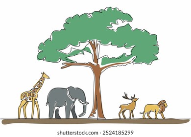 Eine durchgehende Linie, die einen großen Baum in der Mitte von Giraffe, Elefant, Hirsch, Löwe zeichnet. Schattige und blättrige Bäume bewahren das Gleichgewicht der Natur. Weltnaturschutztag. Einzeiliges Zeichnen, Vektorgrafik.