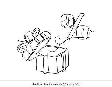 Continuous one line drawing big sale concept. A discount open gift with a ribbon. One-line drawing open gift box and percent. Hand drawn one line vector. Editable stroke