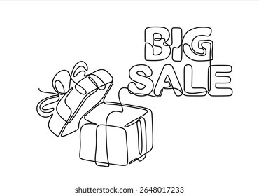 Continuous one line drawing big sale concept. A discount gift with a ribbon. One-line drawing open gift box and "BIG SALE" word. Hand drawn one line vector. Editable stroke