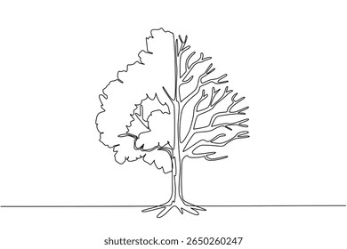 Continuous one line drawing big tree with lush leaves and dry leaves on each side. Seasonal changes. Climate change. Environmental adaptation. Tree Concept. Single line draw design vector illustration