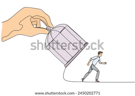 Continuous one line drawing big hand holding the iron cage, catch businessman. Want to trap in any way. Enter the trap. Unfair business competition. Lost. Single line draw design vector illustration