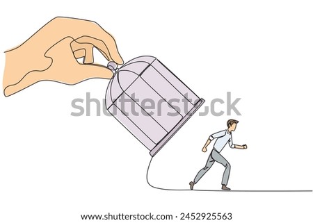 Continuous one line drawing big hand holding the iron cage, catch businessman. Want to trap in any way. Enter the trap. Unfair business competition. Lost. Single line draw design vector illustration
