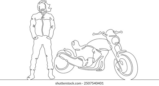 Continuous one line drawing biker standing by his motorcycle. Motorcyclist by his bike. Motorcycle racing driver. One continuous line isolated minimal illustration.