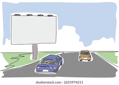 Uma linha contínua desenhando outdoors na lateral da estrada e vários carros. Marketing digital de alto custo. Área lucrativa. Dia Nacional da Billboard. Ilustração de vetor de design de desenho de linha única