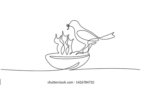 Continuous one line drawing. bird feeds chicks silhouettes. Vector illustration