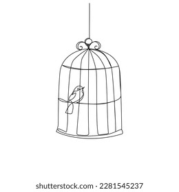 Continuous one line drawing of a bird in a cage. Simple vector illustration