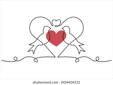 Continuous one line drawing of bird holding love shape vector art illustration