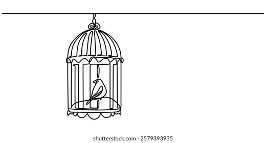 Continuous one line drawing of a bird in a cage. Simple vector illustration, Birdcage line art drawing vector, Birdcage, Bird Cage And Birds On A Transparent Background, Bird Cage icon symbol vector. 