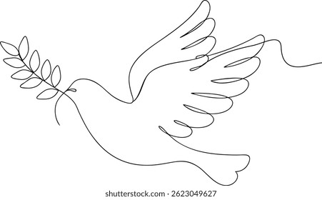 Continuous one line drawing of a bird in flight carrying an olive branch, symbolic and elegant minimal design on white background

