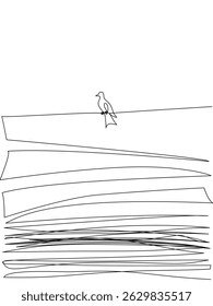 Continuous one line drawing of a bird on a wire with abstract layered background, ideal for minimalist designs, posters, and creative visual concepts. Vector Editable stroke