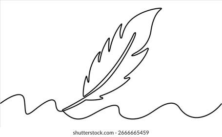 Continuous one line drawing of Bird feather Isolated on white background, Continuous Line Drawing of Feather Icon. Hand Drawn Symbol Vector Illustration.