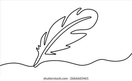 Kontinuierliche einzeilige Zeichnung der Vogelfeder Einzeln auf weißem Hintergrund, Kontinuierliche Linienzeichnung der Feder Symbol. Handgezeichnetes Symbol, Vektorgrafik.