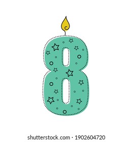 Continuous one line drawing a birthday candle with number eight. Vector illustration perfect for greeting cards, party invitations, posters, stickers, clothing.