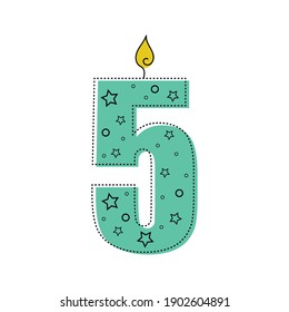 Continuous one line drawing a birthday candle with number five. Vector illustration perfect for greeting cards, party invitations, posters, stickers, clothing.