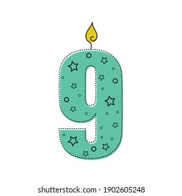 Continuous one line drawing a birthday candle with number nine. Vector illustration perfect for greeting cards, party invitations, posters, stickers, clothing.