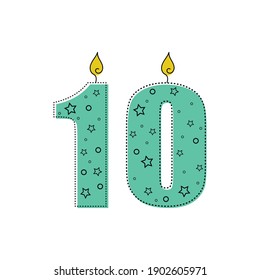 Continuous one line drawing a birthday candle with number ten. Vector illustration perfect for greeting cards, party invitations, posters, stickers, clothing.