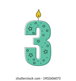 Continuous One Line Drawing A Birthday Candle With Number Three. Vector Illustration Perfect For Greeting Cards, Party Invitations, Posters, Stickers, Clothing.