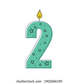 Continuous one line drawing a birthday candle with number two. Vector illustration perfect for greeting cards, party invitations, posters, stickers, clothing.