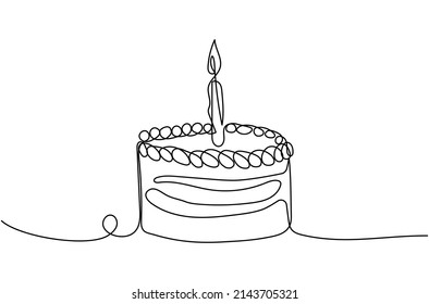 Continuous one line drawing of birthday cake with candle. Concept for cafe, bakery, restaurant. Modern style vector illustration.