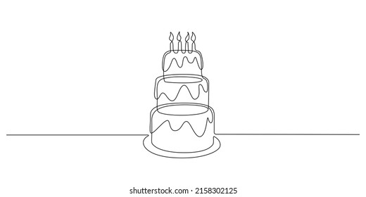 Continuous one line drawing of birthday cake with candles. Sweet celebration torte and pie with pastry sugar cream in simple linear style. Editable stroke. Doodle vector illustrationration