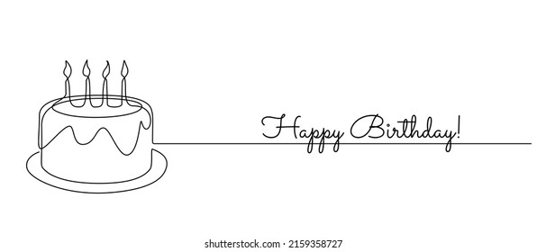 Continuous one line drawing of birthday cake with candles. Symbol of sweet celebration torte and pastry confectionery icon concept in simple linear style. Doodle vector illustration