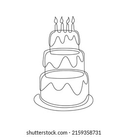 Continuous one line drawing of birthday cake with candles. Icon and symbol of sweet celebration torte and pie with sugar cream in simple linear style. Editable stroke. Doodle vector illustration