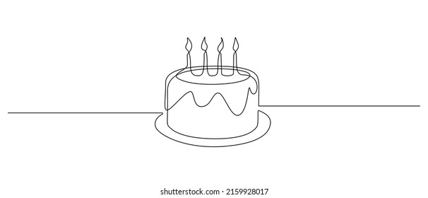 Continuous one line drawing of birthday cake with candles. Symbol of sweet celebration torte and pastry confectionery icon concept in simple linear style. Editable stroke. Doodle vector illustration