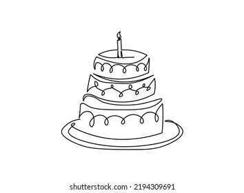 Continuous one line drawing. Birthday Cake Vector illustration