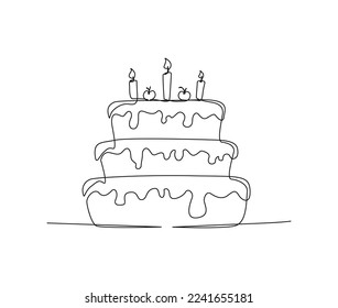 Continuous one line drawing of birthday cake with candles. Party, anniversary and celebration concept. Minimalism Hand drawn vector illustration. 