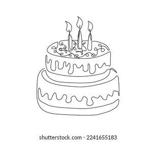 Continuous one line drawing of birthday cake with candles. Party, anniversary and celebration concept. Minimalism Hand drawn vector illustration. 