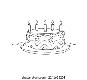 Continuous one line drawing of birthday cake with candles. Party, anniversary and celebration concept. Minimalism Hand drawn vector illustration. 