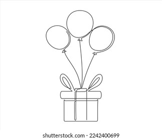 Continuous One line drawing of Birthday Gift box with bow and Balloons. Festive present. Birthday celebration concept isolated on white background. Hand drawn design vector illustration