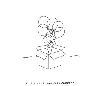 Continuous One line drawing of Birthday Open Gift box and Balloons inside. Festive present. Birthday celebration concept isolated on white background. Hand drawn design vector illustration
