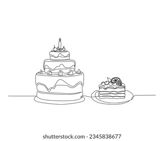 Continuous one line drawing of birthday cake. Sweat cake with candles outine vector illustration.  Celebration, party, happy, celebrate, anniversary concept.
