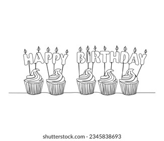 Continuous one line drawing of birthday cake. Cupcake with candle spelling happy birthday outine vector illustration.  