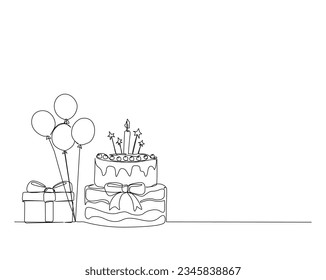 Continuous one line drawing of birthday cake with present box and ballloons. Birthday cake with candles outine vector illustration. Celebration, party, happy, celebrate, anniversary concept.