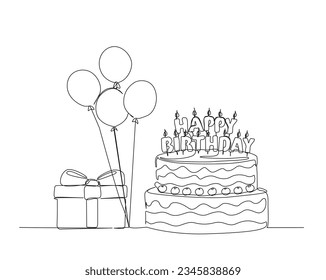 Dibujo continuo de una línea de torta de cumpleaños con caja de regalo y globos. Pastel de cumpleaños con velas a partir de ilustración vectorial. Celebración, fiesta, feliz, celebración, concepto de aniversario.