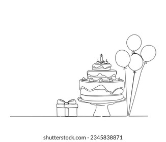 Dibujo continuo de una línea de torta de cumpleaños con caja de regalo y globos. Pastel de cumpleaños con velas a partir de ilustración vectorial. Celebración, fiesta, feliz, celebración, concepto de aniversario.
