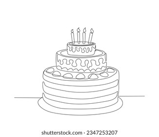 Continuous one line drawing of birthday cake. Birthday cake with the candles on the top outline vector illustration.  Celebration, party, happy, celebrate, anniversary concept.