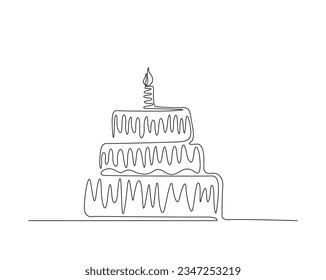 Continuous one line drawing of birthday cake. Birthday cake with candle on the top outline vector illustration.  Celebration, party, happy, celebrate, anniversary concept.