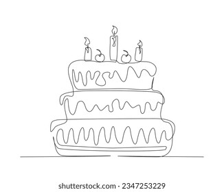 Continuous one line drawing of birthday cake. Birthday cake with candles on the top outline vector illustration.  Celebration, party, happy, celebrate, anniversary concept.