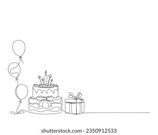 Kontinuierliche Zeichnung des Geburtstagstorches mit Geschenkbox und Ballons. Geburtstagskuchen, Vektorgrafik. Feiern, Party, glücklich, feiern, Jubiläum Konzept.
