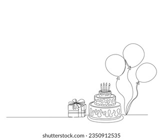 Dibujo continuo de una línea de torta de cumpleaños con caja y globos presentes. Ilustración vectorial de contorno de pastel de cumpleaños. Celebración, fiesta, feliz, celebración, concepto de aniversario.