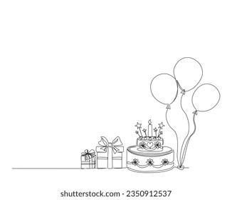 Continuous one line drawing of birthday cake with present box and balloons. Birthday cake outline vector illustration. Celebration, party, happy, celebrate, anniversary concept.